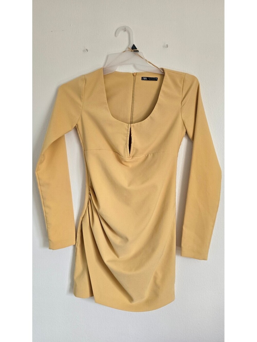 Zara Women’s S Beige Ruched Long Sleeve Mini Dress